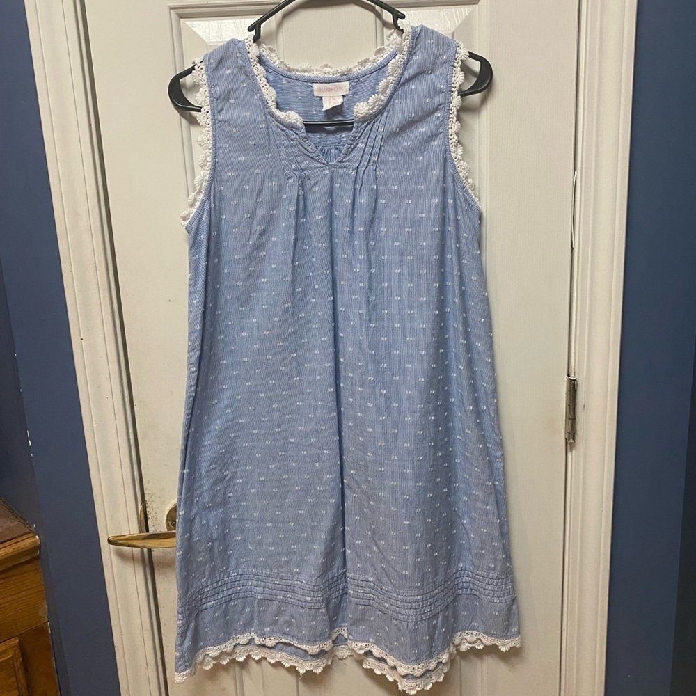 Women's SHABBY CHIC Sleeveless Tunic Top Dress Blue Lace Hem Peasant Size S.